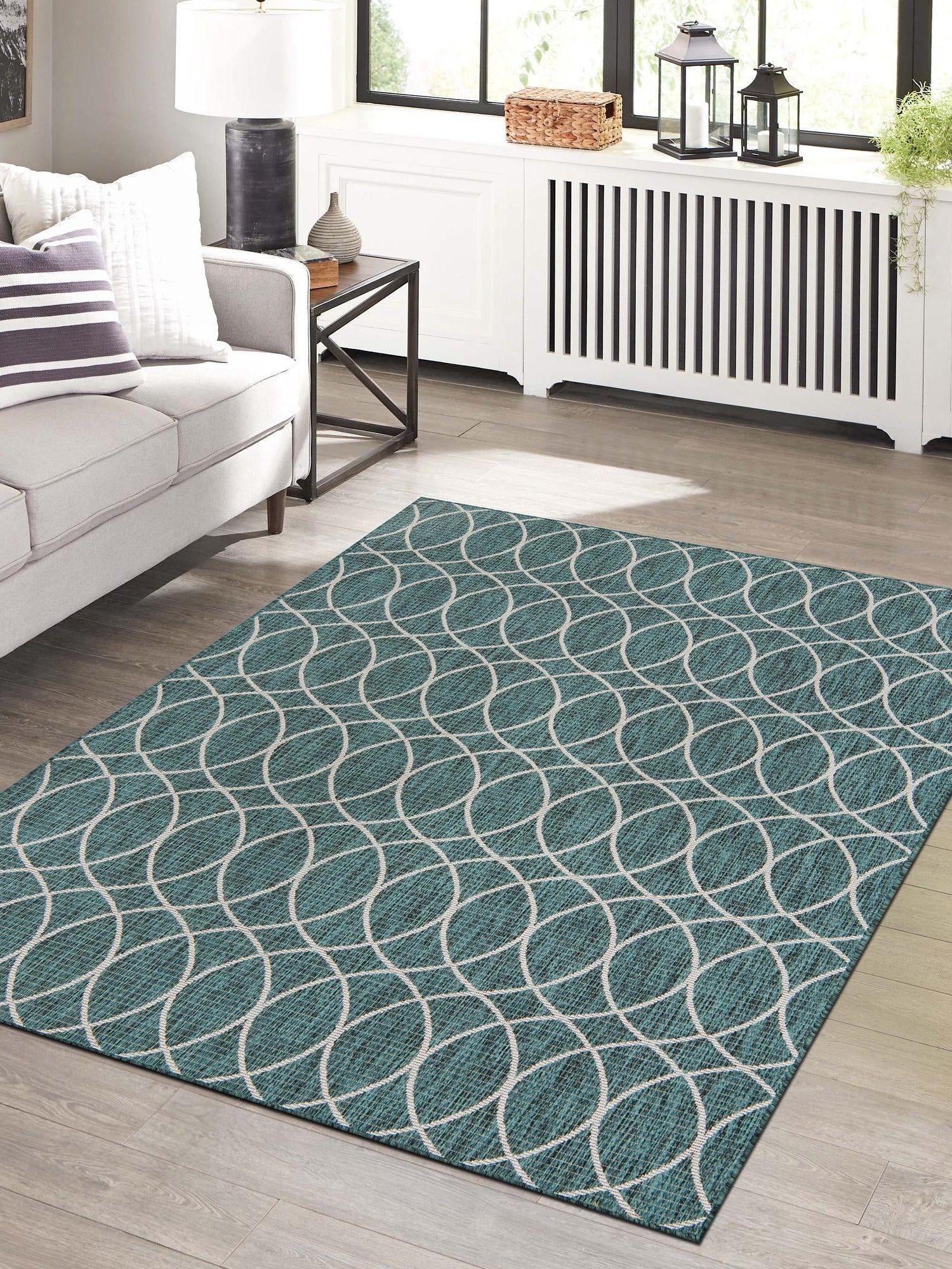 Teal 5' 3 x 7' 10 Outdoor Trellis Rectangle Area Rug Weather Resistant for Patio, Deck, Terrace, Balcony, Porch Geometric Design Water Safe Outside Carpet for Sale at Rug Engine