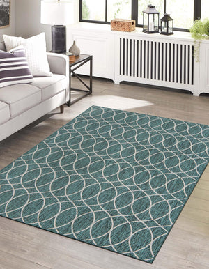 Teal 4' x 6' Outdoor Trellis Rectangle Area Rug Weather Resistant for Patio, Deck, Terrace, Balcony, Porch Geometric Design Water Safe Outside Carpet for Sale at Rug Engine