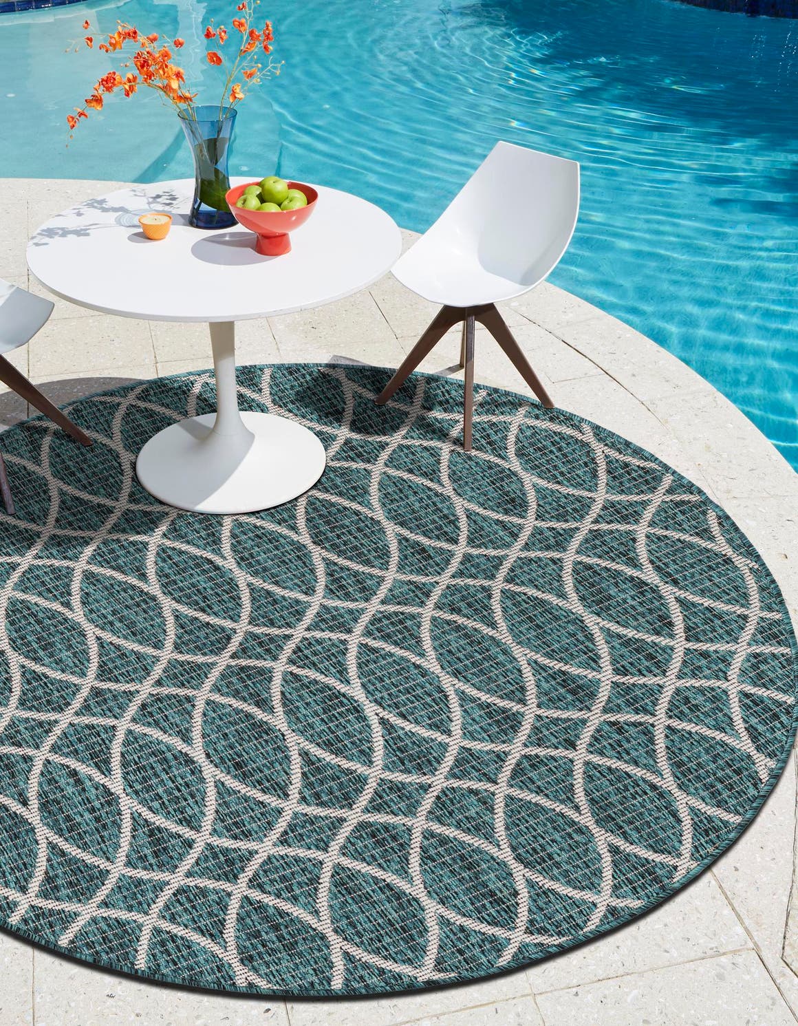 Teal 10' x 10' Outdoor Trellis Round Area Rug Weather Resistant for Patio, Deck, Terrace, Balcony, Porch Geometric Design Water Safe Outside Carpet for Sale at Rug Engine