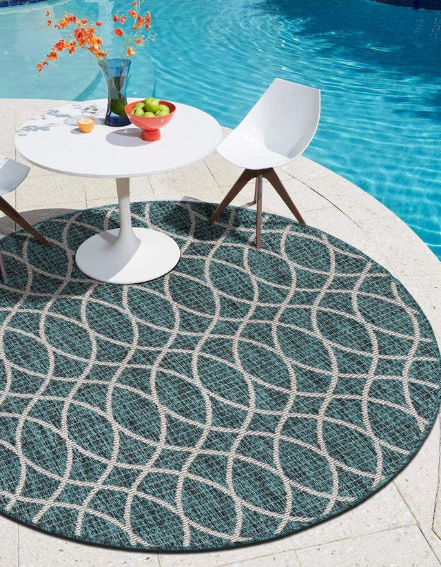 Teal 10' x 10' Outdoor Trellis Round Area Rug Weather Resistant for Patio, Deck, Terrace, Balcony, Porch Geometric Design Water Safe Outside Carpet for Sale at Rug Engine