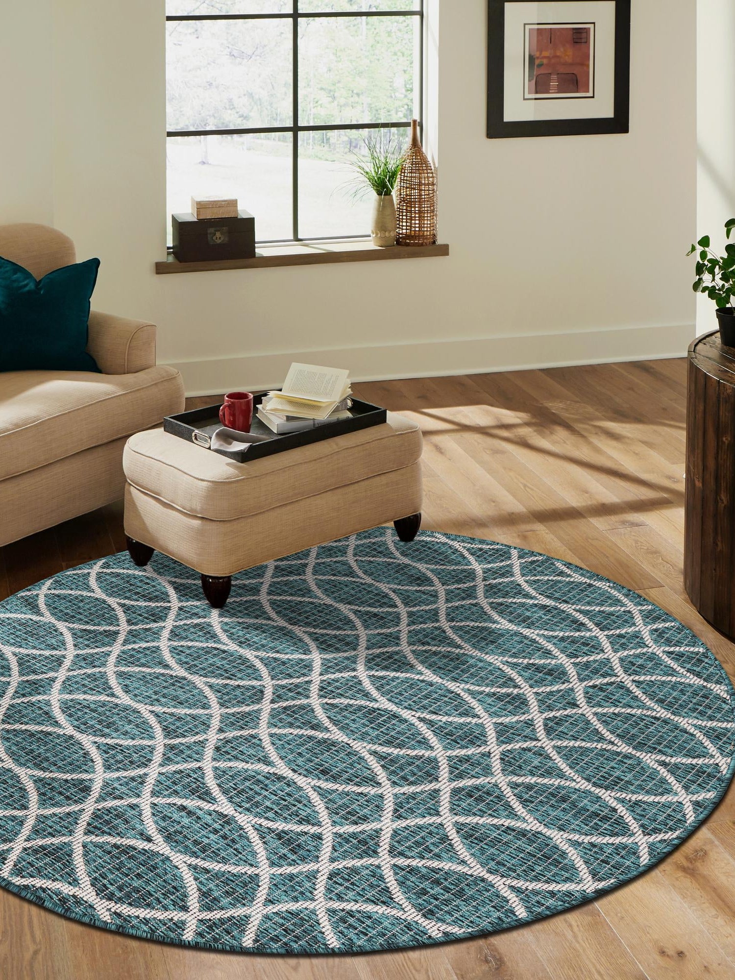 Teal 4' x 4' Outdoor Trellis Round Area Rug Weather Resistant for Patio, Deck, Terrace, Balcony, Porch Geometric Design Water Safe Outside Carpet for Sale at Rug Engine