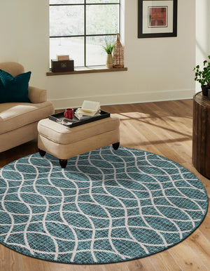 Teal 4' x 4' Outdoor Trellis Round Area Rug Weather Resistant for Patio, Deck, Terrace, Balcony, Porch Geometric Design Water Safe Outside Carpet for Sale at Rug Engine