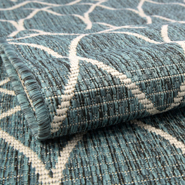 Teal 3' x 3' Outdoor Trellis Round Area Rug Weather Resistant for Patio, Deck, Terrace, Balcony, Porch Geometric Design Water Safe Outside Carpet for Sale at Rug Engine