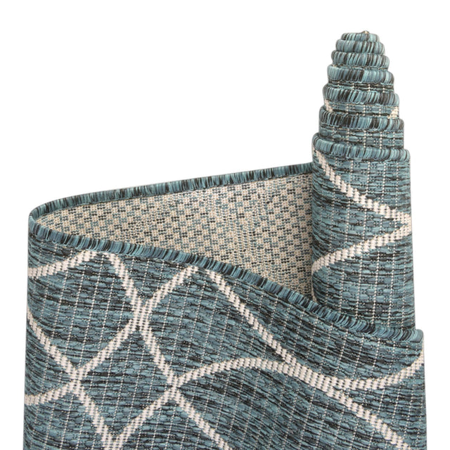 Teal 3' x 3' Outdoor Trellis Round Area Rug Weather Resistant for Patio, Deck, Terrace, Balcony, Porch Geometric Design Water Safe Outside Carpet for Sale at Rug Engine