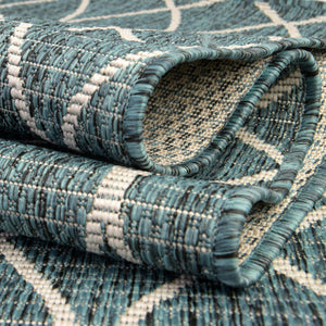 Teal 4' x 4' Outdoor Trellis Round Area Rug Weather Resistant for Patio, Deck, Terrace, Balcony, Porch Geometric Design Water Safe Outside Carpet for Sale at Rug Engine