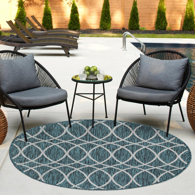 Teal 4' x 4' Outdoor Trellis Round Area Rug Weather Resistant for Patio, Deck, Terrace, Balcony, Porch Geometric Design Water Safe Outside Carpet for Sale at Rug Engine