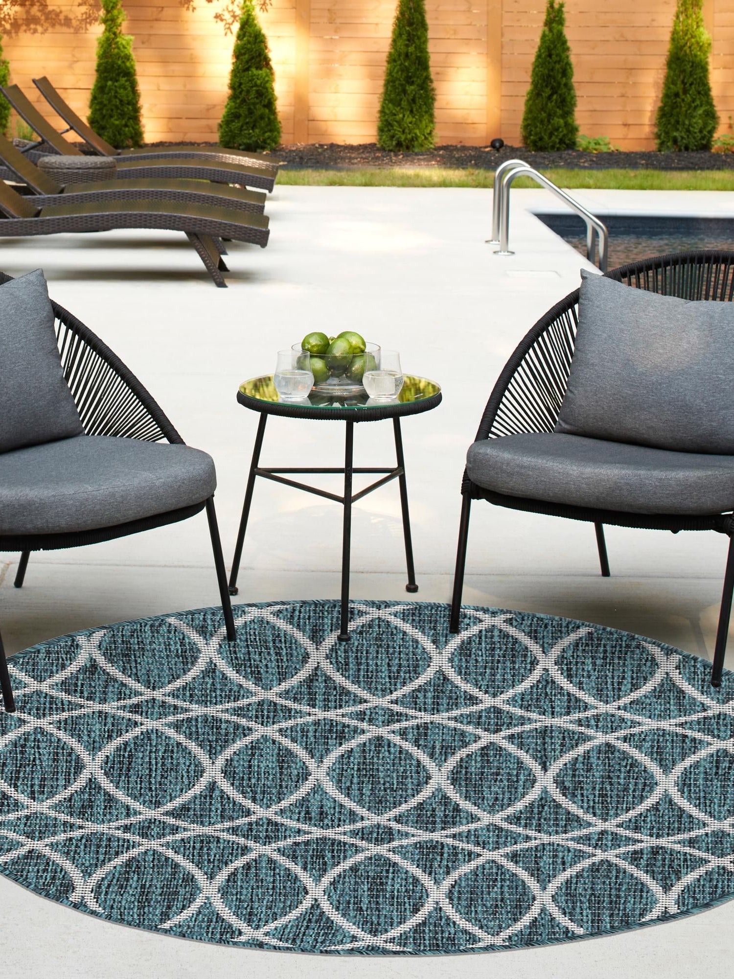 Teal 10' x 10' Outdoor Trellis Round Area Rug Weather Resistant for Patio, Deck, Terrace, Balcony, Porch Geometric Design Water Safe Outside Carpet for Sale at Rug Engine