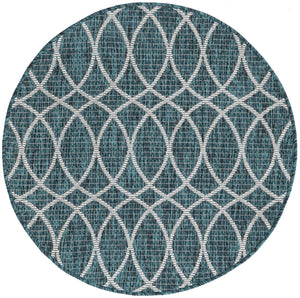 Teal 3' x 3' Outdoor Trellis Round Area Rug Weather Resistant for Patio, Deck, Terrace, Balcony, Porch Geometric Design Water Safe Outside Carpet for Sale at Rug Engine