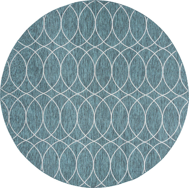 Teal 10' x 10' Outdoor Trellis Round Area Rug Weather Resistant for Patio, Deck, Terrace, Balcony, Porch Geometric Design Water Safe Outside Carpet for Sale at Rug Engine