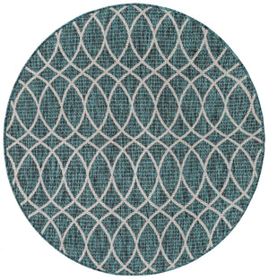 Teal 4' x 4' Outdoor Trellis Round Area Rug Weather Resistant for Patio, Deck, Terrace, Balcony, Porch Geometric Design Water Safe Outside Carpet for Sale at Rug Engine