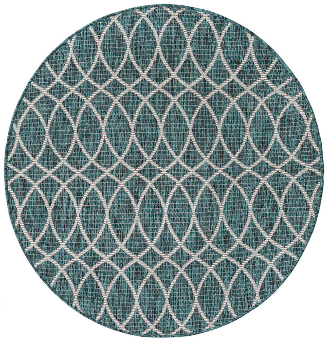 Teal 4' x 4' Outdoor Trellis Round Area Rug Weather Resistant for Patio, Deck, Terrace, Balcony, Porch Geometric Design Water Safe Outside Carpet for Sale at Rug Engine