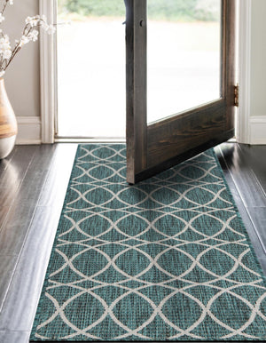 Teal 2' x 6' Outdoor Trellis Runner Area Rug Weather Resistant for Patio, Deck, Terrace, Balcony, Porch Geometric Design Water Safe Outside Carpet for Sale at Rug Engine