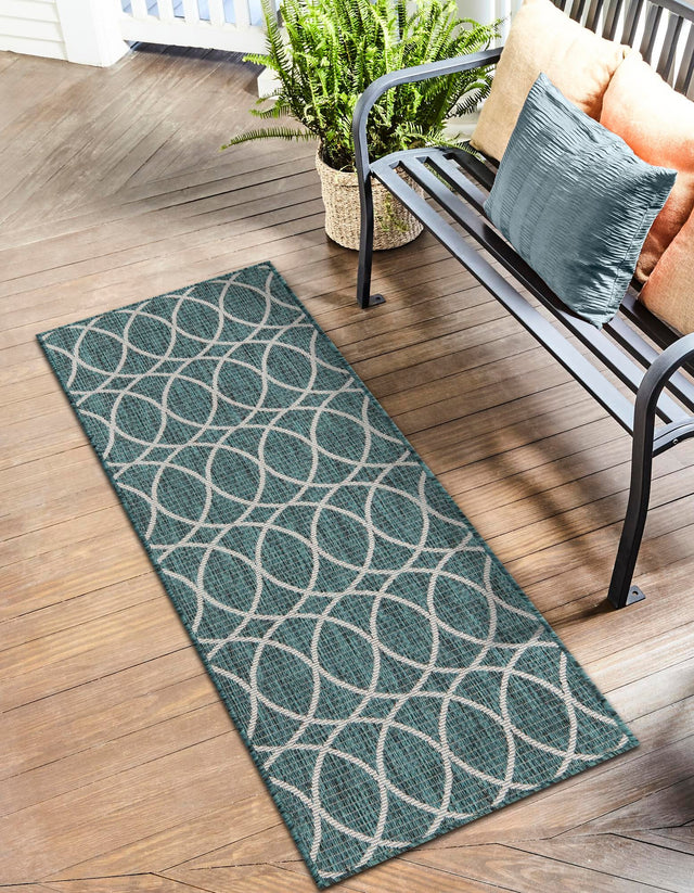 Teal 2' x 6' Outdoor Trellis Runner Area Rug Weather Resistant for Patio, Deck, Terrace, Balcony, Porch Geometric Design Water Safe Outside Carpet for Sale at Rug Engine