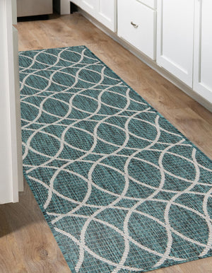 Teal 2' x 6' Outdoor Trellis Runner Area Rug Weather Resistant for Patio, Deck, Terrace, Balcony, Porch Geometric Design Water Safe Outside Carpet for Sale at Rug Engine
