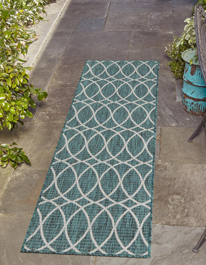 Teal 2' x 6' Outdoor Trellis Runner Area Rug Weather Resistant for Patio, Deck, Terrace, Balcony, Porch Geometric Design Water Safe Outside Carpet for Sale at Rug Engine