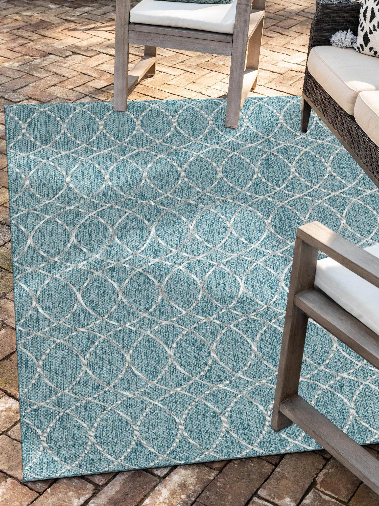 Light Aqua 7' 10 x 11' Outdoor Trellis Rectangle Area Rug Weather Resistant for Patio, Deck, Terrace, Balcony, Porch Geometric Design Water Safe Outside Carpet for Sale at Rug Engine