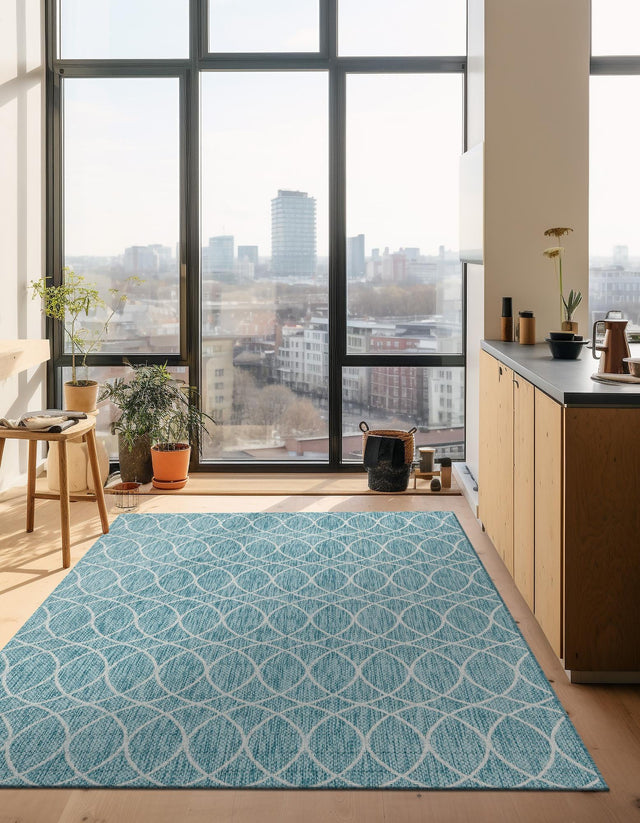Light Aqua 3' x 5' 3 Outdoor Trellis Rectangle Area Rug Weather Resistant for Patio, Deck, Terrace, Balcony, Porch Geometric Design Water Safe Outside Carpet for Sale at Rug Engine