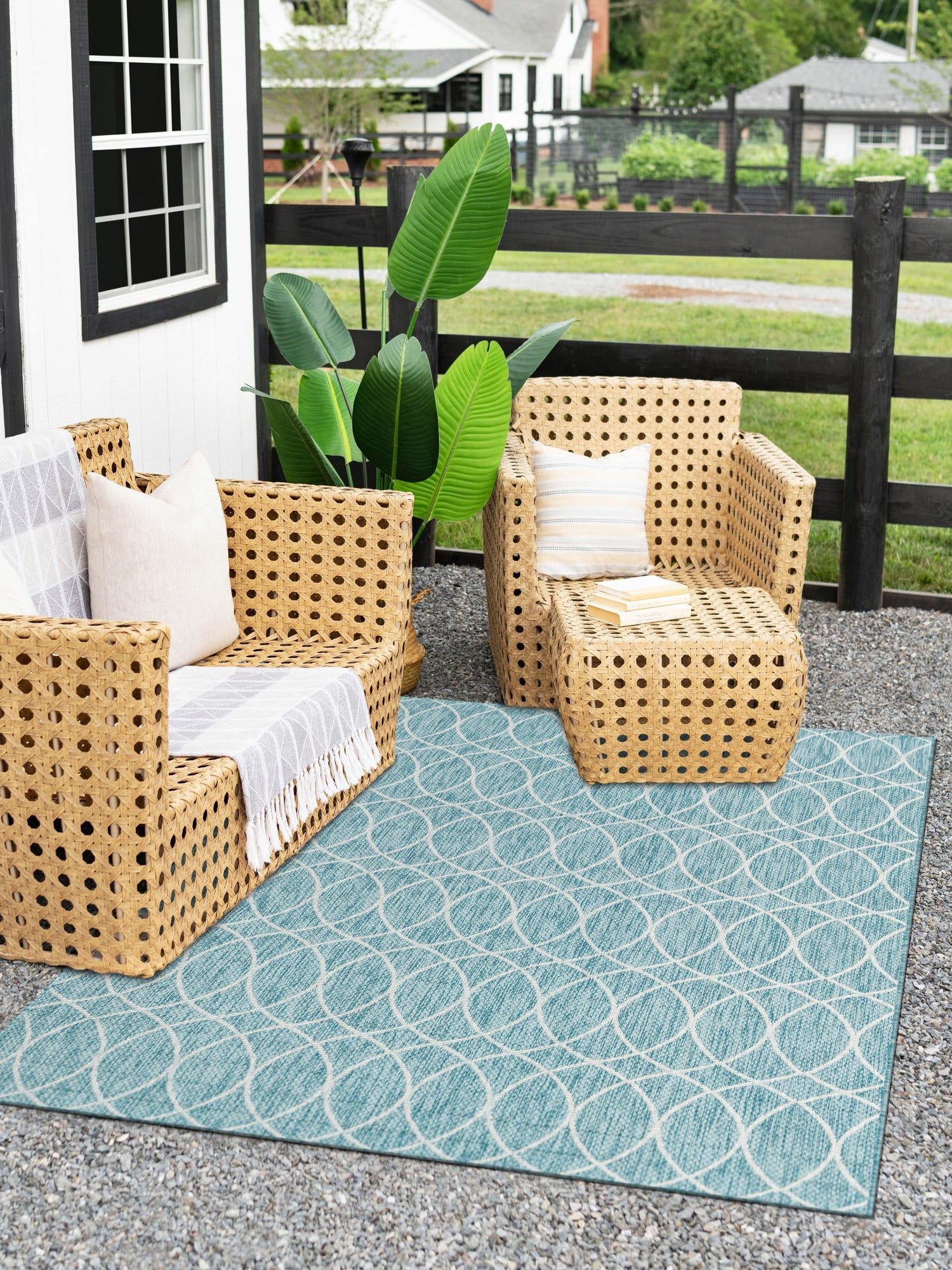 Light Aqua 4' x 6' Outdoor Trellis Rectangle Area Rug Weather Resistant for Patio, Deck, Terrace, Balcony, Porch Geometric Design Water Safe Outside Carpet for Sale at Rug Engine