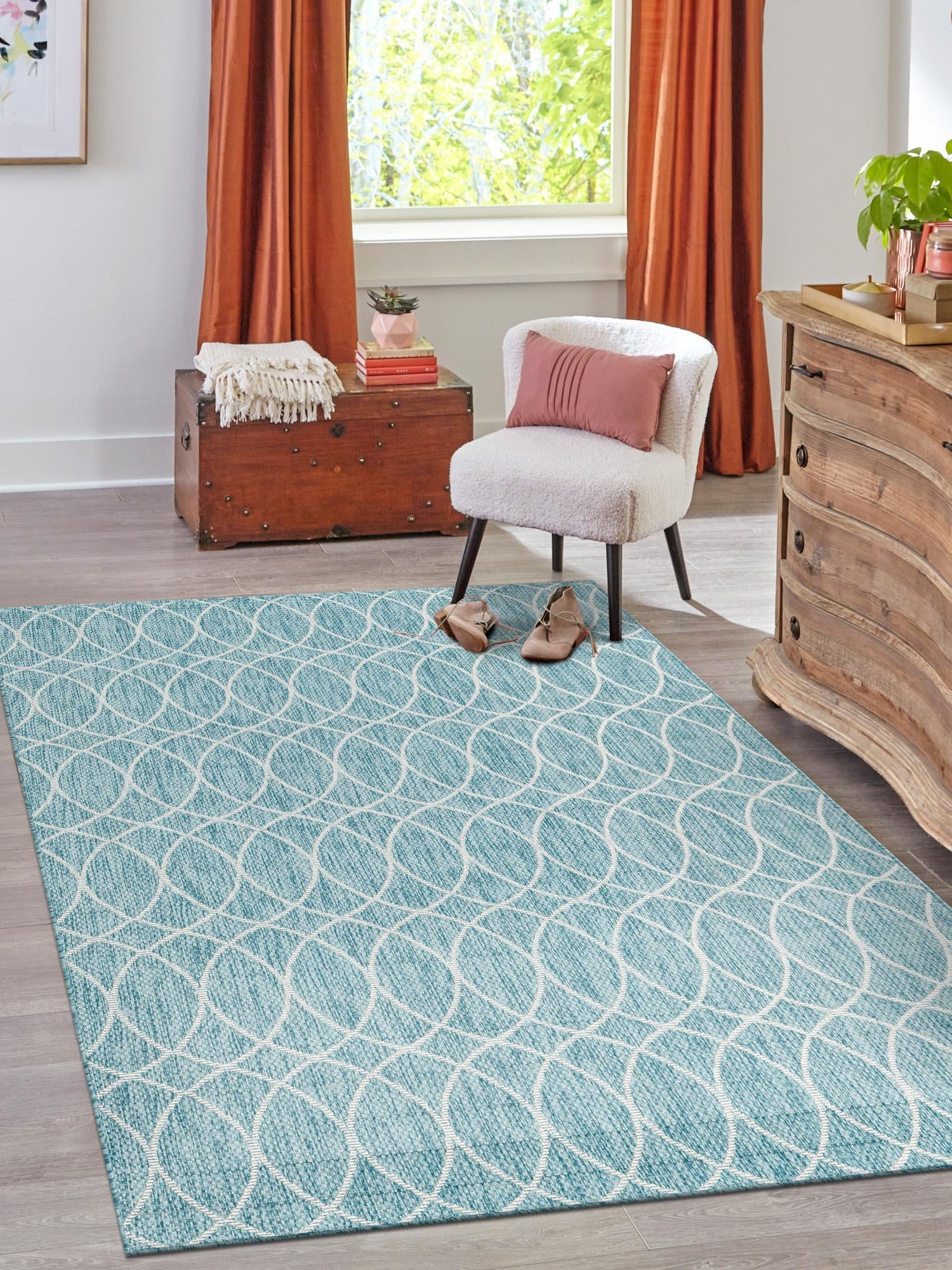Light Aqua 7' 10 x 11' Outdoor Trellis Rectangle Area Rug Weather Resistant for Patio, Deck, Terrace, Balcony, Porch Geometric Design Water Safe Outside Carpet for Sale at Rug Engine