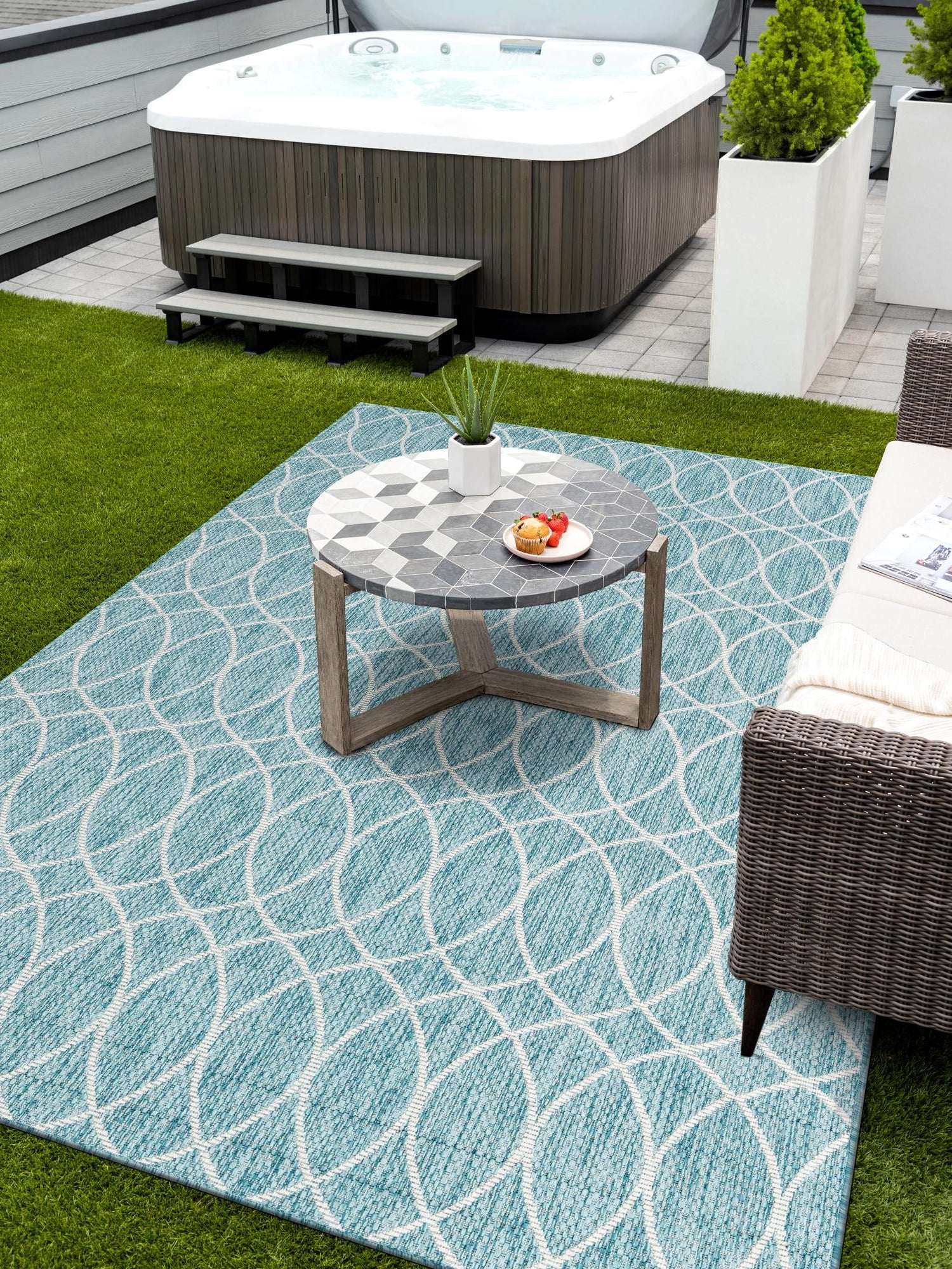 Light Aqua 7' 10 x 11' Outdoor Trellis Rectangle Area Rug Weather Resistant for Patio, Deck, Terrace, Balcony, Porch Geometric Design Water Safe Outside Carpet for Sale at Rug Engine