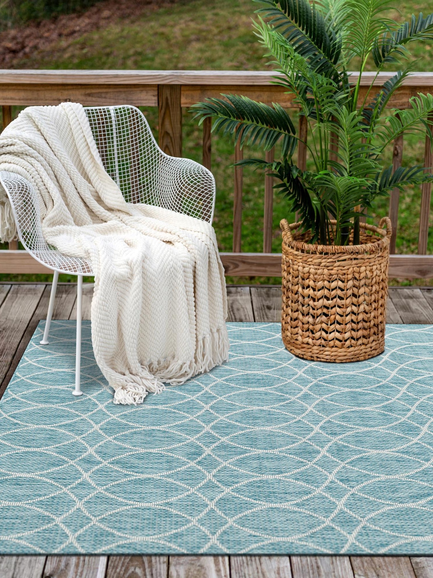 Light Aqua 4' x 6' Outdoor Trellis Rectangle Area Rug Weather Resistant for Patio, Deck, Terrace, Balcony, Porch Geometric Design Water Safe Outside Carpet for Sale at Rug Engine