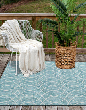 Light Aqua 4' x 6' Outdoor Trellis Rectangle Area Rug Weather Resistant for Patio, Deck, Terrace, Balcony, Porch Geometric Design Water Safe Outside Carpet for Sale at Rug Engine
