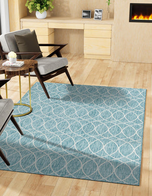 Light Aqua 4' x 6' Outdoor Trellis Rectangle Area Rug Weather Resistant for Patio, Deck, Terrace, Balcony, Porch Geometric Design Water Safe Outside Carpet for Sale at Rug Engine