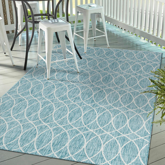 Light Aqua 4' x 6' Outdoor Trellis Rectangle Area Rug Weather Resistant for Patio, Deck, Terrace, Balcony, Porch Geometric Design Water Safe Outside Carpet for Sale at Rug Engine