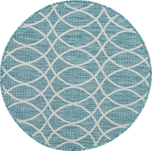 Light Aqua 3' x 3' Outdoor Trellis Round Area Rug Weather Resistant for Patio, Deck, Terrace, Balcony, Porch Geometric Design Water Safe Outside Carpet for Sale at Rug Engine