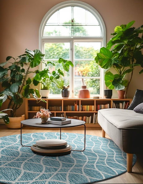 Light Aqua 3' x 3' Outdoor Trellis Round Area Rug Weather Resistant for Patio, Deck, Terrace, Balcony, Porch Geometric Design Water Safe Outside Carpet for Sale at Rug Engine