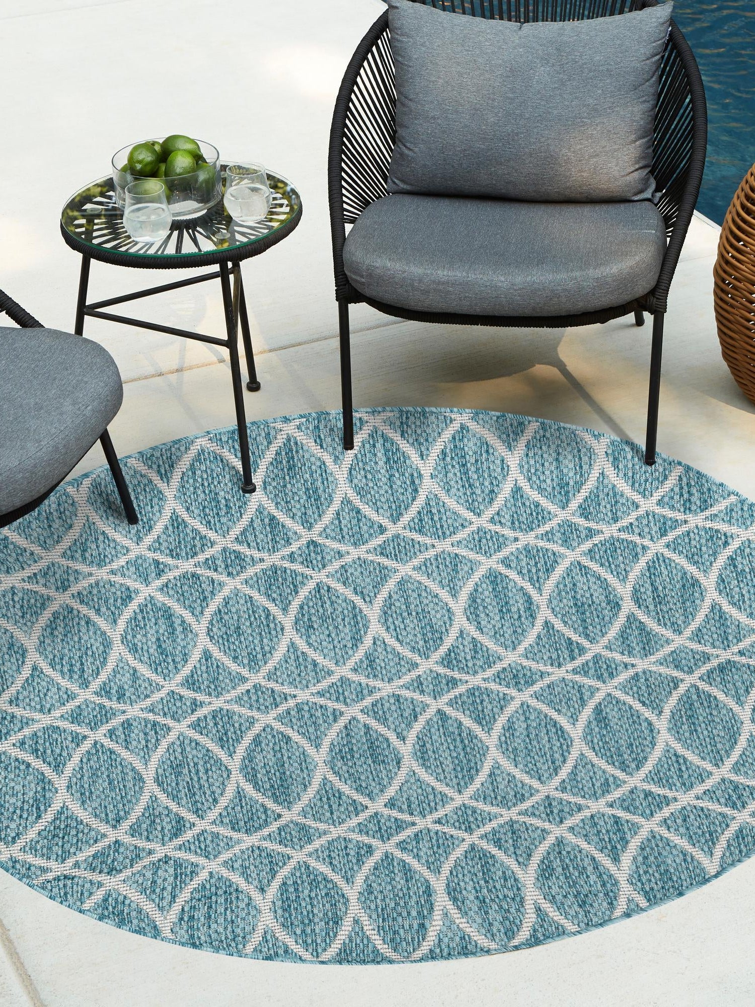 Light Aqua 3' x 3' Outdoor Trellis Round Area Rug Weather Resistant for Patio, Deck, Terrace, Balcony, Porch Geometric Design Water Safe Outside Carpet for Sale at Rug Engine
