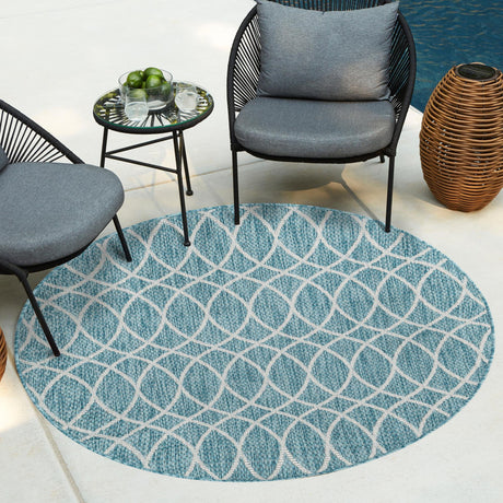Light Aqua 3' x 3' Outdoor Trellis Round Area Rug Weather Resistant for Patio, Deck, Terrace, Balcony, Porch Geometric Design Water Safe Outside Carpet for Sale at Rug Engine