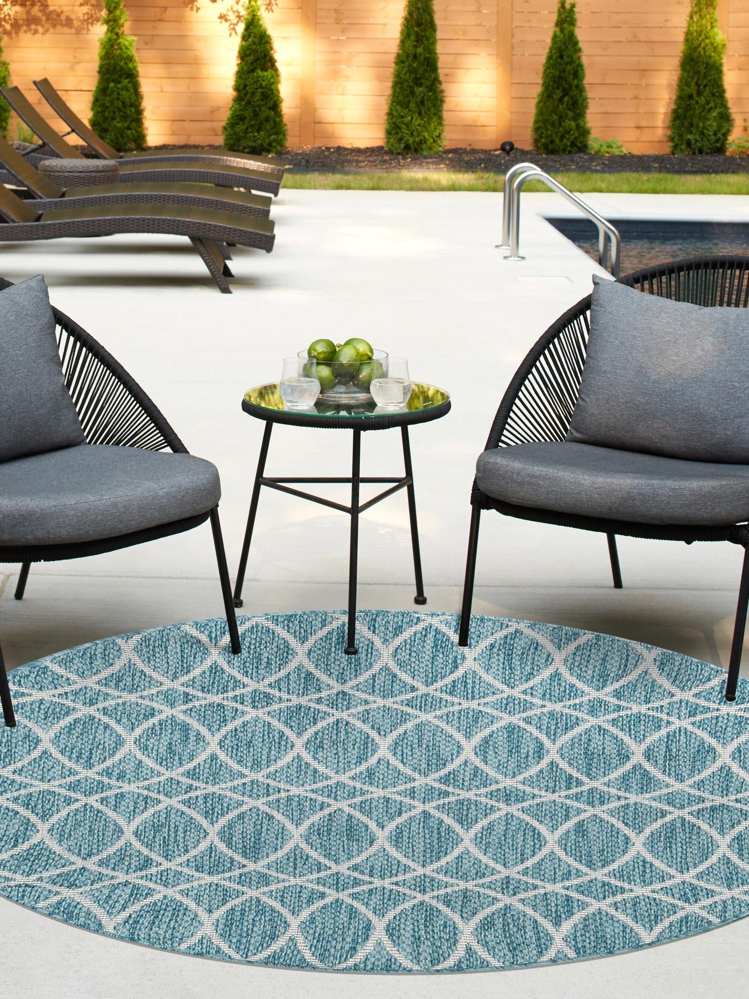 Light Aqua 3' x 3' Outdoor Trellis Round Area Rug Weather Resistant for Patio, Deck, Terrace, Balcony, Porch Geometric Design Water Safe Outside Carpet for Sale at Rug Engine