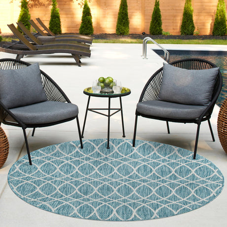 Light Aqua 3' x 3' Outdoor Trellis Round Area Rug Weather Resistant for Patio, Deck, Terrace, Balcony, Porch Geometric Design Water Safe Outside Carpet for Sale at Rug Engine