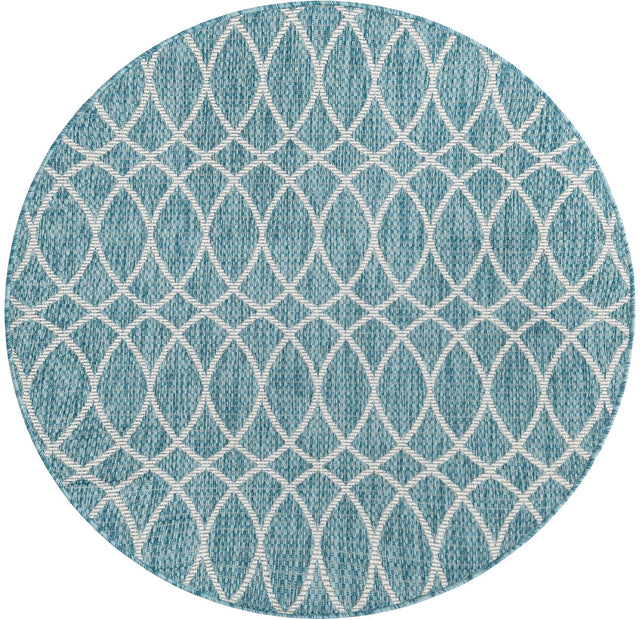 Light Aqua 4' x 4' Outdoor Trellis Round Area Rug Weather Resistant for Patio, Deck, Terrace, Balcony, Porch Geometric Design Water Safe Outside Carpet for Sale at Rug Engine