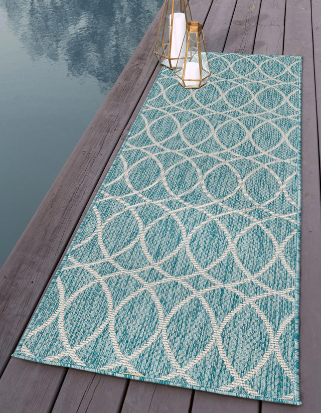 Light Aqua 2' x 7' 10 Outdoor Trellis Runner Area Rug Weather Resistant for Patio, Deck, Terrace, Balcony, Porch Geometric Design Water Safe Outside Carpet for Sale at Rug Engine