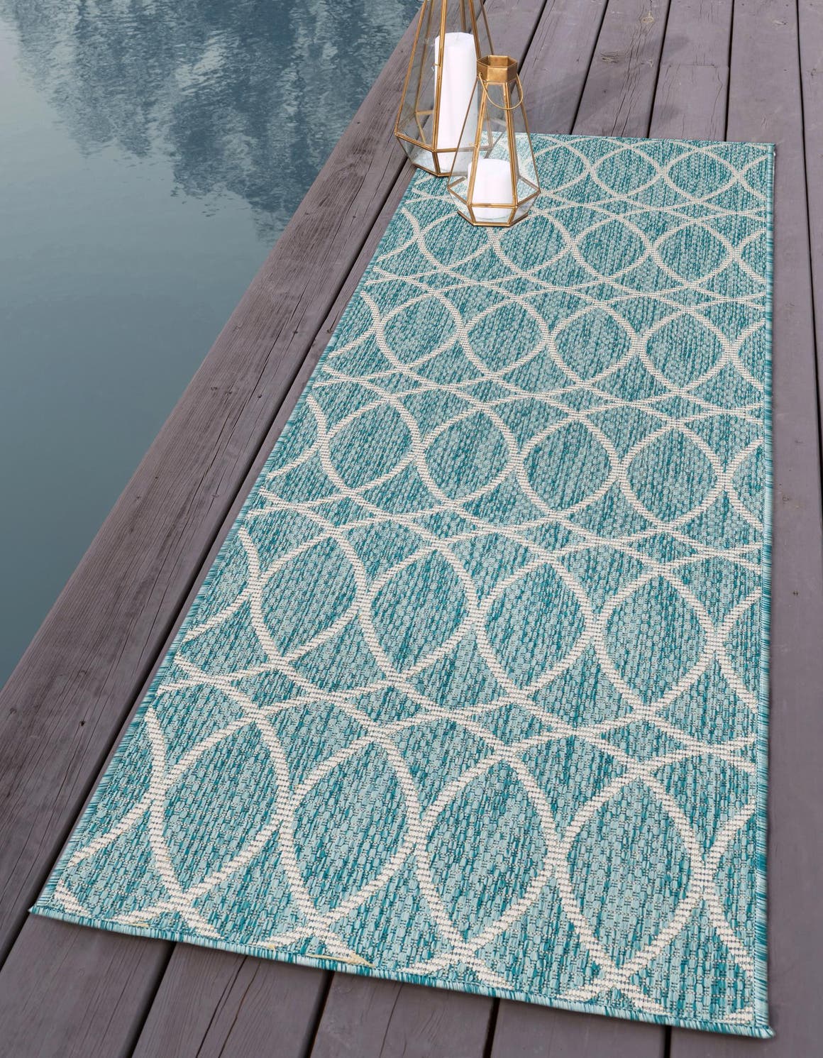 Light Aqua 2' 11 x 10' Outdoor Trellis Runner Area Rug Weather Resistant for Patio, Deck, Terrace, Balcony, Porch Geometric Design Water Safe Outside Carpet for Sale at Rug Engine