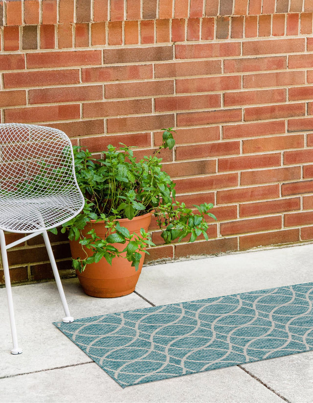 Light Aqua 2' x 6' Outdoor Trellis Runner Area Rug Weather Resistant for Patio, Deck, Terrace, Balcony, Porch Geometric Design Water Safe Outside Carpet for Sale at Rug Engine