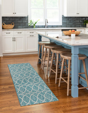 Light Aqua 2' x 6' Outdoor Trellis Runner Area Rug Weather Resistant for Patio, Deck, Terrace, Balcony, Porch Geometric Design Water Safe Outside Carpet for Sale at Rug Engine