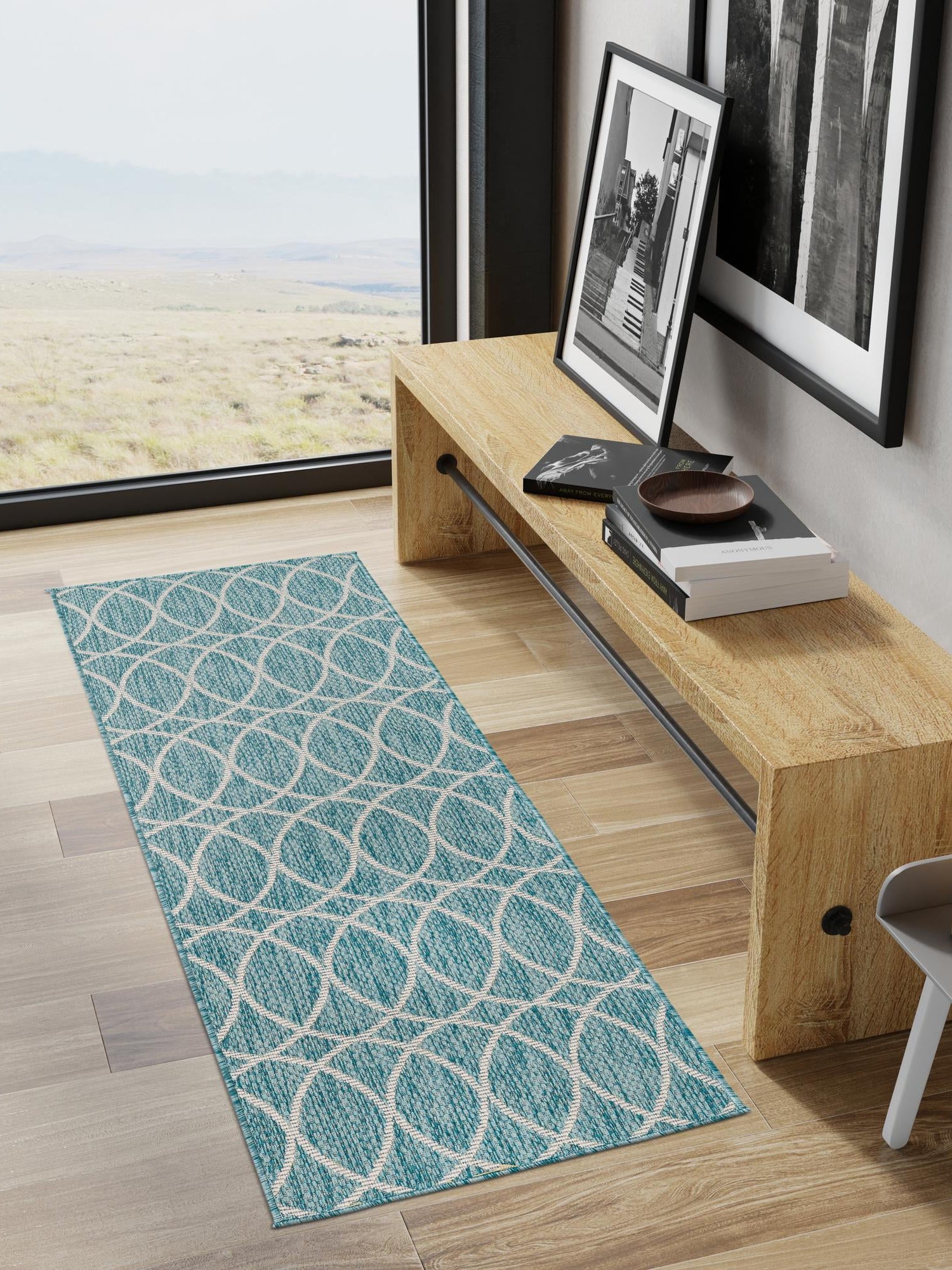 Light Aqua 2' 11 x 10' Outdoor Trellis Runner Area Rug Weather Resistant for Patio, Deck, Terrace, Balcony, Porch Geometric Design Water Safe Outside Carpet for Sale at Rug Engine