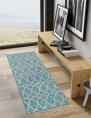 Light Aqua 2' 11 x 10' Outdoor Trellis Runner Area Rug Weather Resistant for Patio, Deck, Terrace, Balcony, Porch Geometric Design Water Safe Outside Carpet for Sale at Rug Engine