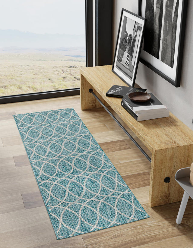 Light Aqua 2' x 6' Outdoor Trellis Runner Area Rug Weather Resistant for Patio, Deck, Terrace, Balcony, Porch Geometric Design Water Safe Outside Carpet for Sale at Rug Engine