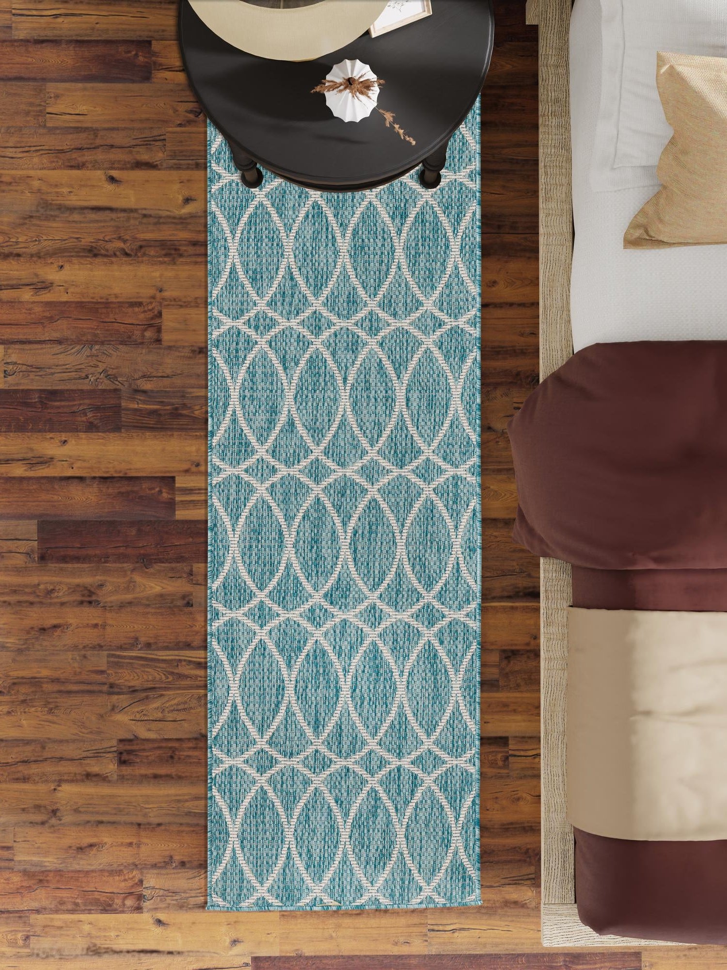 Light Aqua 2' x 6' Outdoor Trellis Runner Area Rug Weather Resistant for Patio, Deck, Terrace, Balcony, Porch Geometric Design Water Safe Outside Carpet for Sale at Rug Engine