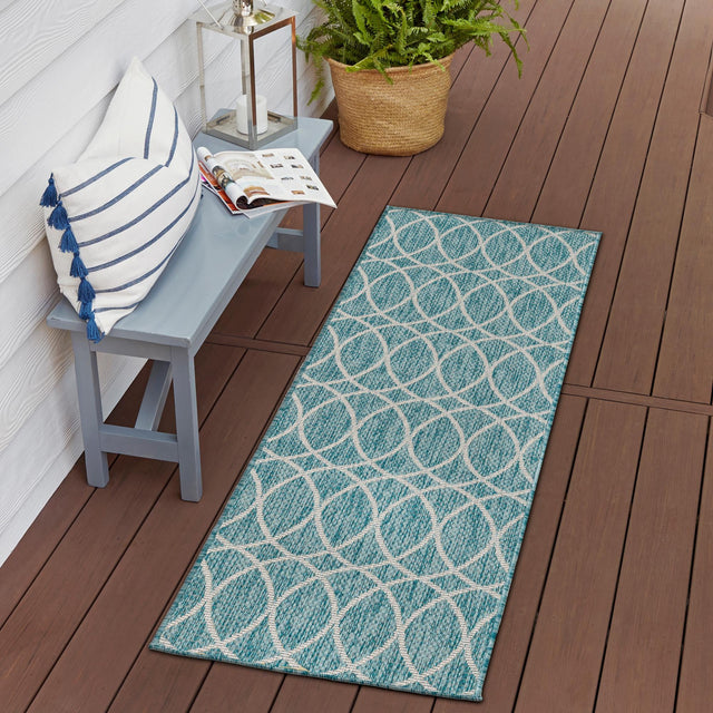 Light Aqua 2' x 7' 10 Outdoor Trellis Runner Area Rug Weather Resistant for Patio, Deck, Terrace, Balcony, Porch Geometric Design Water Safe Outside Carpet for Sale at Rug Engine
