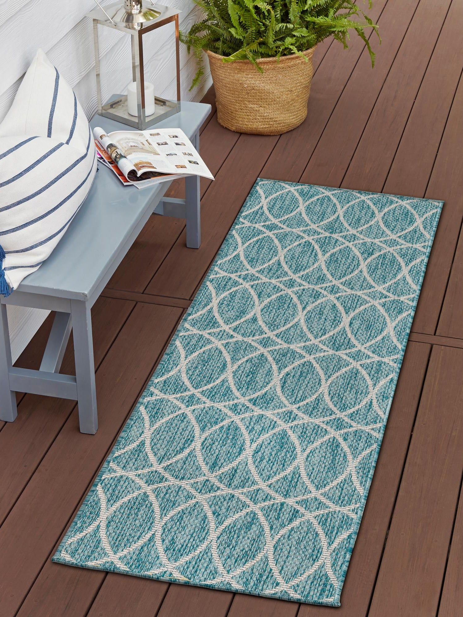 Light Aqua 2' x 6' Outdoor Trellis Runner Area Rug Weather Resistant for Patio, Deck, Terrace, Balcony, Porch Geometric Design Water Safe Outside Carpet for Sale at Rug Engine