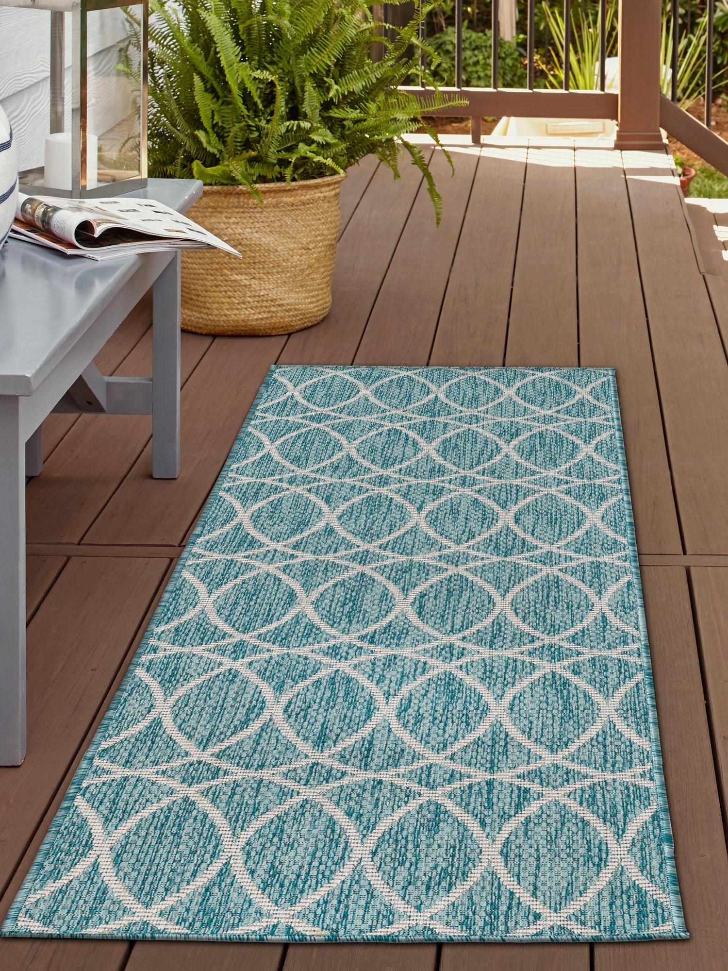 Light Aqua 2' x 6' Outdoor Trellis Runner Area Rug Weather Resistant for Patio, Deck, Terrace, Balcony, Porch Geometric Design Water Safe Outside Carpet for Sale at Rug Engine