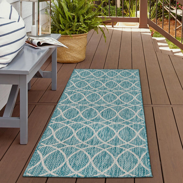 Light Aqua 2' x 6' Outdoor Trellis Runner Area Rug Weather Resistant for Patio, Deck, Terrace, Balcony, Porch Geometric Design Water Safe Outside Carpet for Sale at Rug Engine