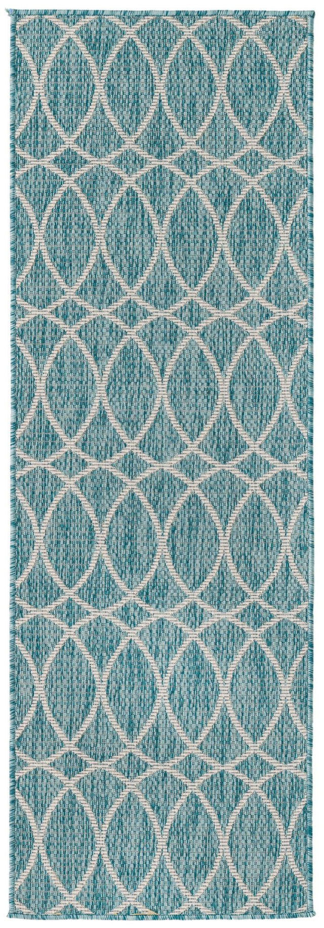Light Aqua 2' x 6' Outdoor Trellis Runner Area Rug Weather Resistant for Patio, Deck, Terrace, Balcony, Porch Geometric Design Water Safe Outside Carpet for Sale at Rug Engine