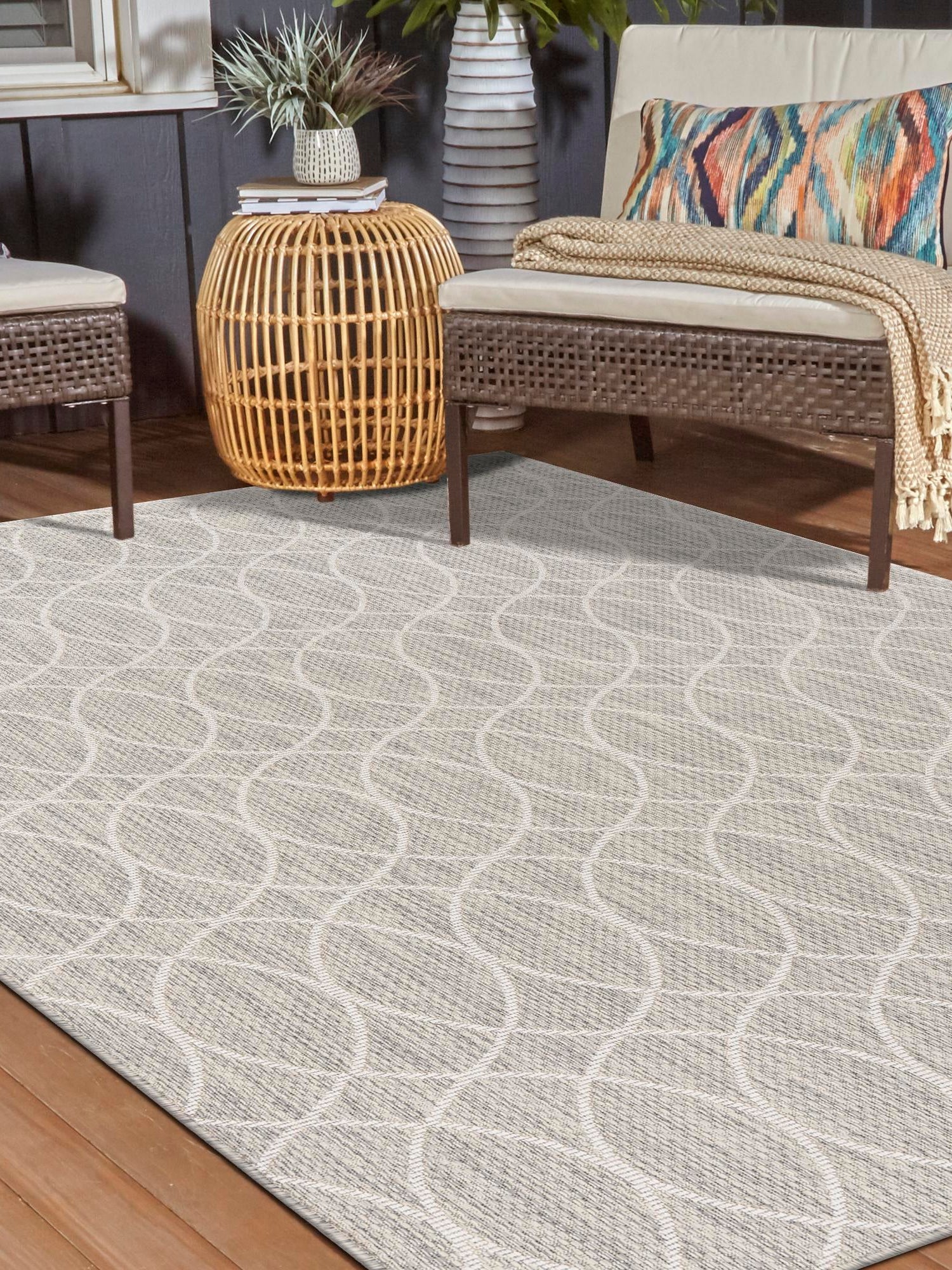 Light Gray 5' 3 x 8' Outdoor Trellis Rectangle Area Rug Weather Resistant for Patio, Deck, Terrace, Balcony, Porch Geometric Design Water Safe Outside Carpet for Sale at Rug Engine