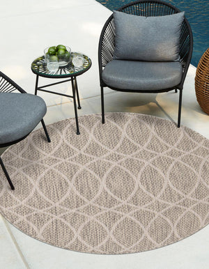 Light Gray 3' 1 x 3' 1 Outdoor Trellis Round Area Rug Weather Resistant for Patio, Deck, Terrace, Balcony, Porch Geometric Design Water Safe Outside Carpet for Sale at Rug Engine